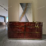 Curved Six-Drawer Sideboard with Natural Burl Veneer High-Gloss Panels and Gold Inlaid Stainless Steel Trim